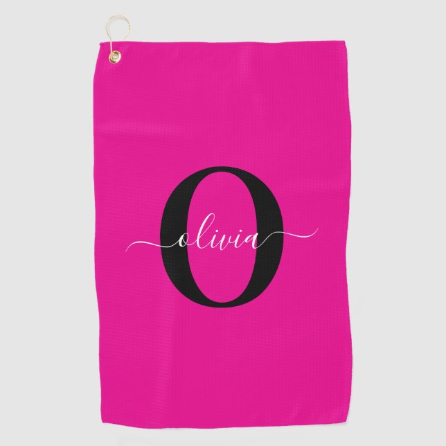 Personalised Monogram Script Name Pink Black White Golf Towel (Front)