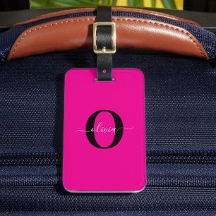 Personalised Monogram Script Name Pink Black White Luggage Tag