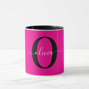 Personalised Monogram Script Name Pink Black White Mug