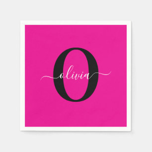 Personalised Monogram Script Name Pink Black White Napkin