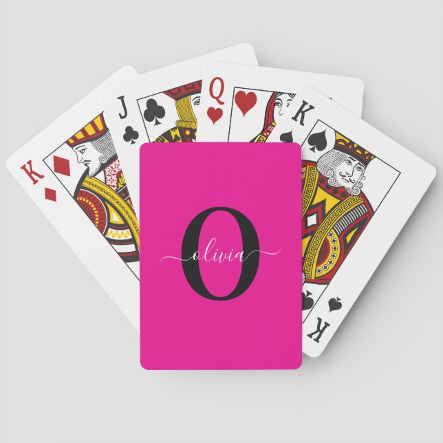 Personalised Monogram Script Name Pink Black White Playing Cards (Back)