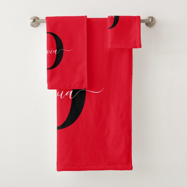 Personalised Monogram Script Name Red Black White Bath Towel Set (Insitu)