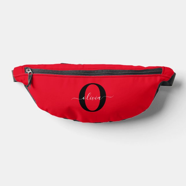 Personalised Monogram Script Name Red Black White Bum Bags (Lay Down)
