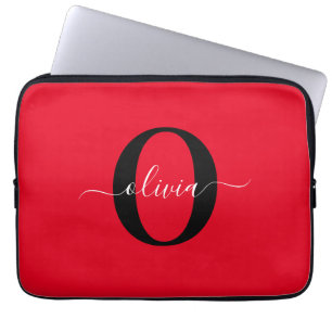 Personalised Monogram Script Name Red Black White Laptop Sleeve