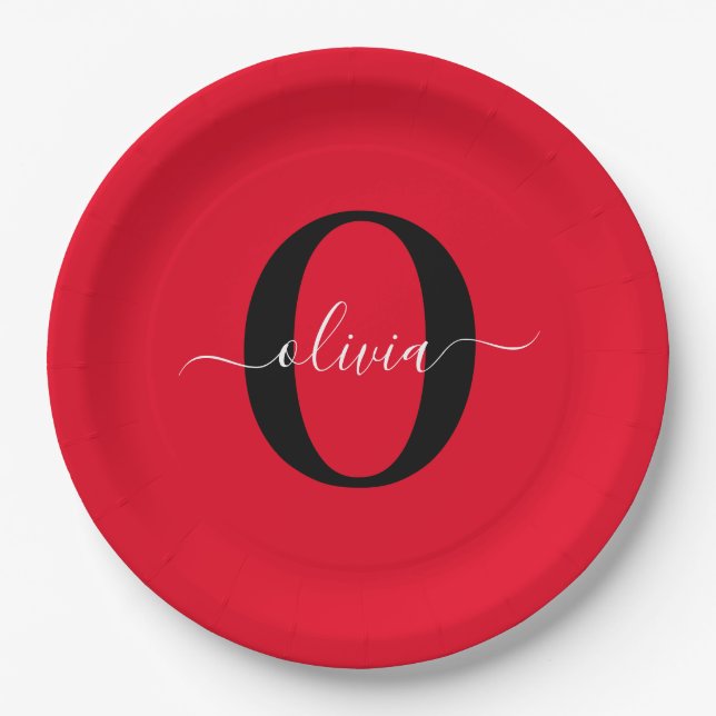 Personalised Monogram Script Name Red Black White Paper Plate (Front)