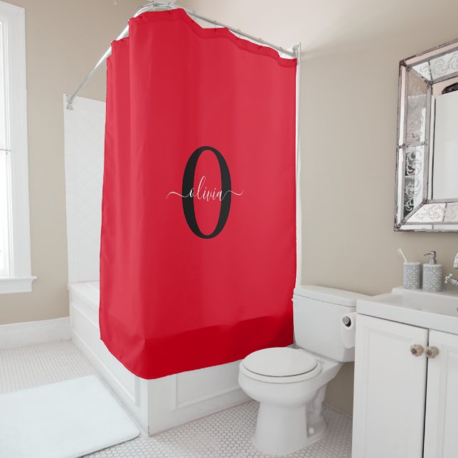 Personalised Monogram Script Name Red Black White Shower Curtain (In Situ)