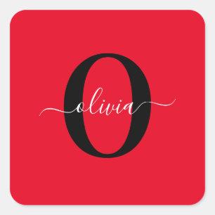 Personalised Monogram Script Name Red Black White Square Sticker