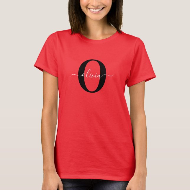 Personalised Monogram Script Name Red Black White T-Shirt (Front)