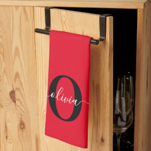 Personalised Monogram Script Name Red Black White Tea Towel