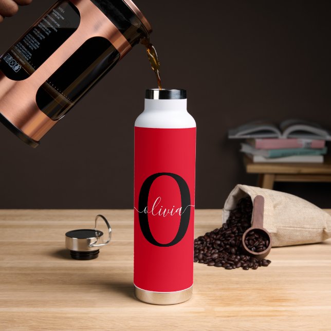 Personalised Monogram Script Name Red Black White Water Bottle (Coffee)