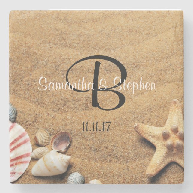 Personalised Monogram Sea Beach Wedding Gift Favou Stone Coaster (Front)