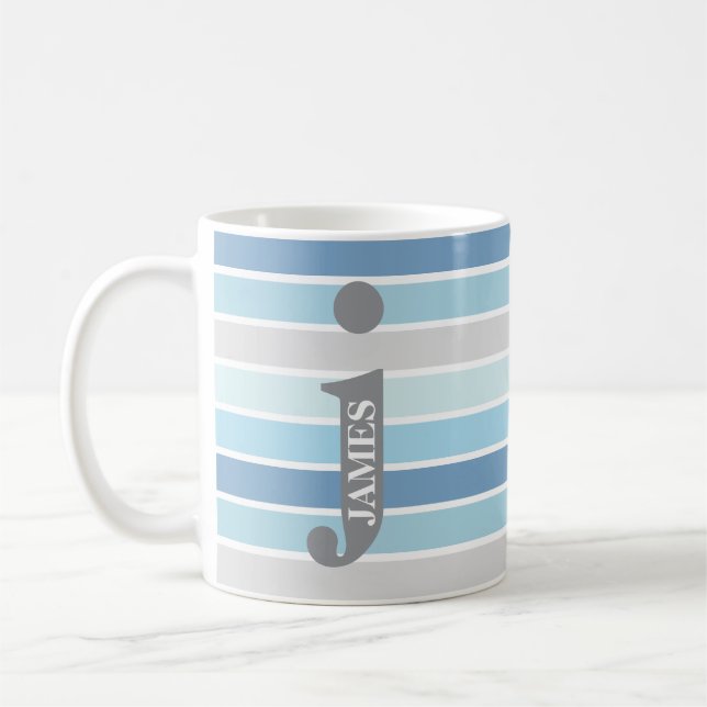 Personalised Monogram 'Shades of Blue' Striped Coffee Mug (Left)