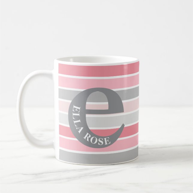 Personalised Monogram 'Shades of Pink' Striped Coffee Mug (Left)