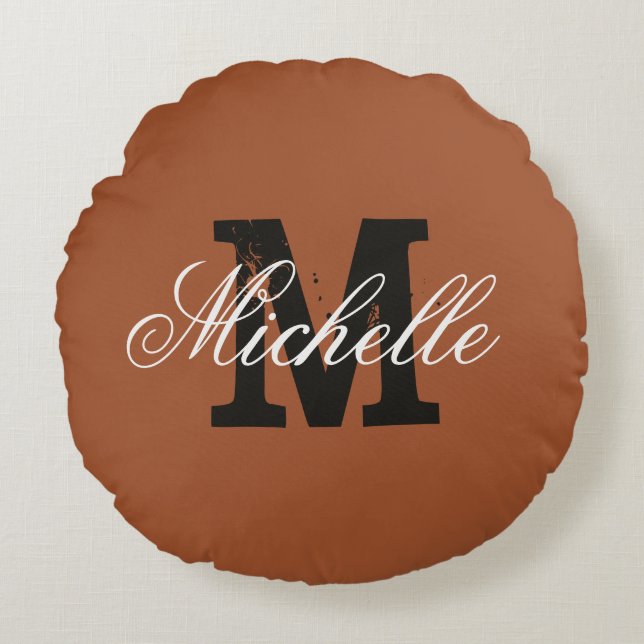 Personalised monogram sienna brown round throw cushion (Front)