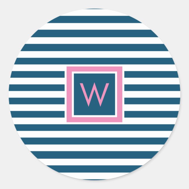 Personalised Monogram Slate Blue and White Striped Classic Round Sticker (Front)