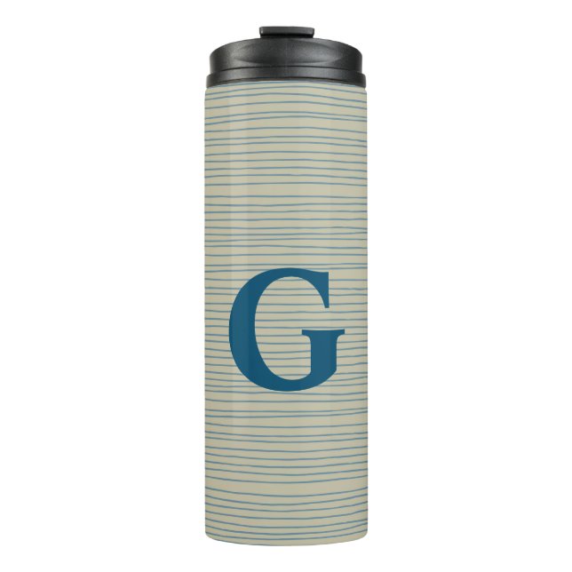 Personalised Monogram Striped Neutral Blue Beige Thermal Tumbler (Front)