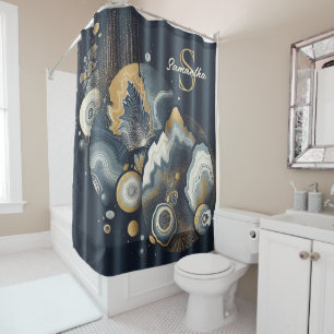 Personalised Monogram Stylish Navy Blue Gold Agate Shower Curtain