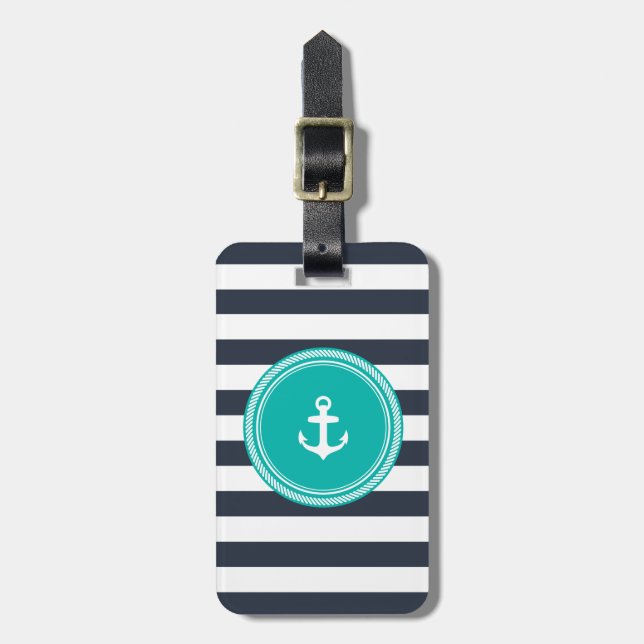 Personalised Monogram Teal and Navy Nautical Luggage Tag (Front Vertical)