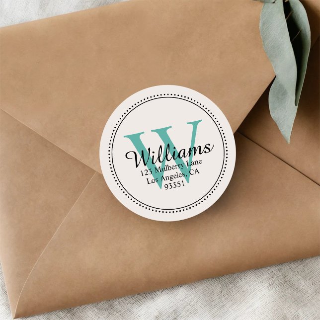 Personalised Monogram Teal Return Address Classic Round Sticker (Creator Uploaded)