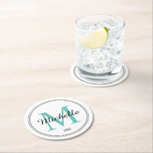 Personalised Monogram Teal Round Paper Coaster