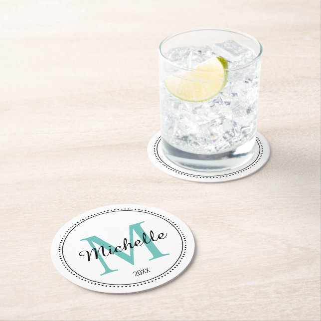 Personalised Monogram Teal Round Paper Coaster (Insitu)