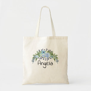 Personalised monogram text watercolor flower flora tote bag