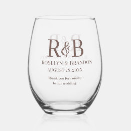 Personalised Monogram Thank you Wedding favour Stemless Wine Glass