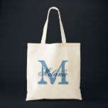 Personalised monogram tote bag | blue and white<br><div class="desc">Personalised name monogram tote bag | navy blue and white colour. Elegant logo design with monogrammed letter initials.  Cute vintage gift idea for bride,  flower girls,  maid of honour and bridesmaids at weddings.</div>