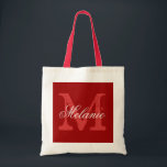 Personalised monogram tote bag | Bordeaux red<br><div class="desc">Personalised name monogram tote bag | Bordeaux red and white colour. Elegant logo design with beautiful monogrammed letter initials.  Cute vintage gift idea for bride,  flower girls,  maid of honour and bridesmaids at weddings. Classy script text with chic background letter. Also great for bridal shower or bachelorette party.</div>
