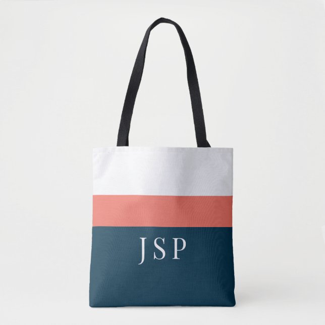 Personalised Monogram Tote – Navy Coral Chic  Bag (Front)
