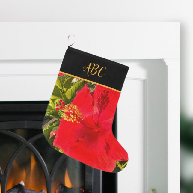 Personalised Monogram Tropical Red Flower Large Christmas Stocking (Creator Uploaded)