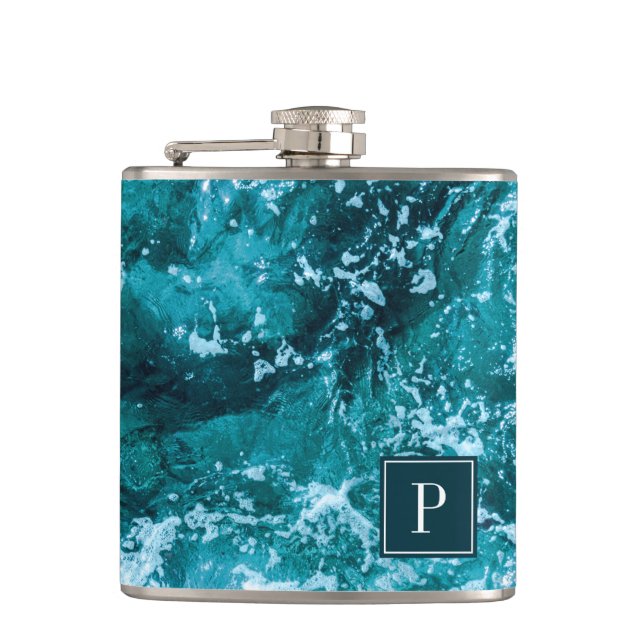 Personalised Monogram Turquoise Sea Waves Hip Flask (Front)