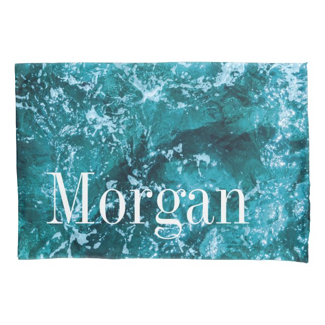 Personalised Monogram Turquoise Sea Waves Pillowcase (Front)