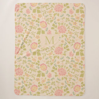 Personalised Monogram Vintage Floral Sage & Pink Sherpa Blanket