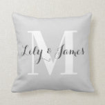 Personalised Monogram White Grey Wedding Keepsake Cushion<br><div class="desc">Elegant and stylish light grey monogram throw pillow. This trendy pillow features dark grey writing with a light grey background and a large white monogram initial. You can personalise it with your names and monogram initial, and even change the text colour and font style using the customise option. This pillow...</div>