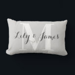 Personalised Monogram White Grey Wedding Keepsake Lumbar Cushion<br><div class="desc">Elegant and stylish light grey monogram lumbar pillow. This trendy pillow features dark grey writing with a light grey background and a large white monogram initial. You can personalise it with your names and monogram initial, and even change the text colour and font style using the customise option. This pillow...</div>