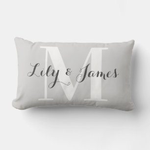 Personalised Monogram White Grey Wedding Keepsake Lumbar Cushion
