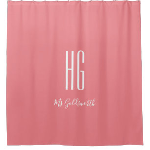 Personalised Monogram White on Coral Pink Modern Shower Curtain