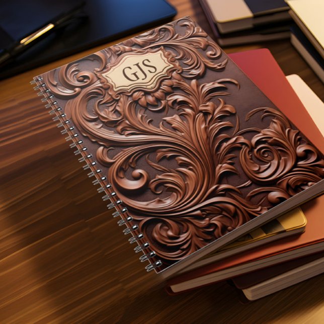 Personalised Monogramme Faux Leather Notebook (Faux brown leather notebook with monogramme lies on a desk with other books)