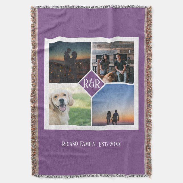 Personalised Monogrammed 4 Photo Collage Throw Blanket (Front Vertical)