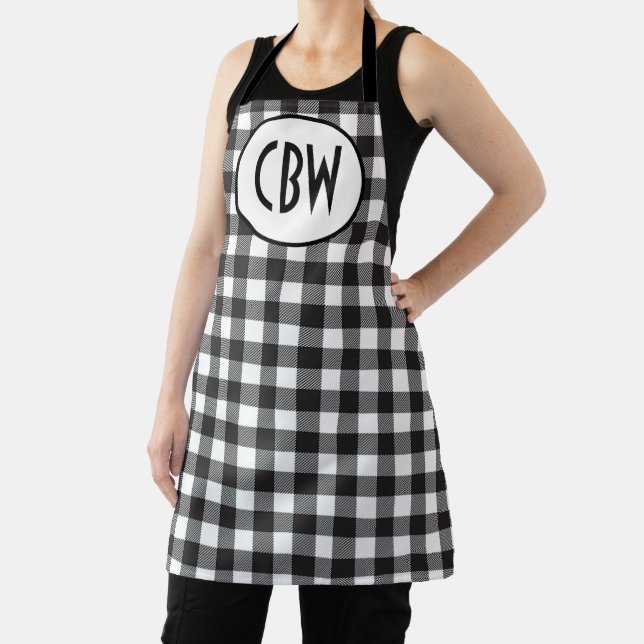 Personalised Monogrammed Black and White Plaid Apron (Insitu)