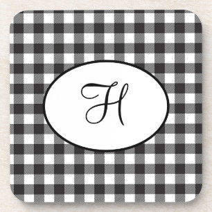 Personalised Monogrammed Black and White Plaid Coaster