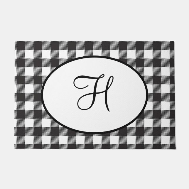 Personalised Monogrammed Black and White Plaid Doormat (Front)