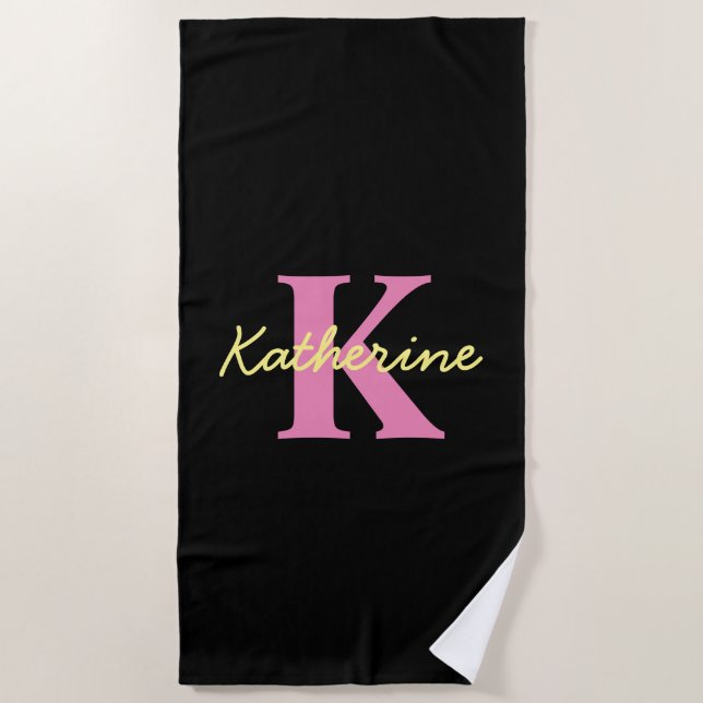 Personalised Monogrammed Black Modern Beach Towel (Front)