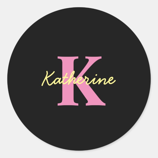 Personalised Monogrammed Black Modern Classic Round Sticker (Front)