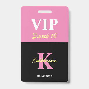 Personalised Monogrammed Black Modern Sweet 16 VIP ID Badge
