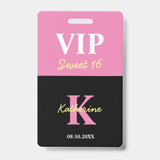 Personalised Monogrammed Black Modern Sweet 16 VIP ID Badge (Front)