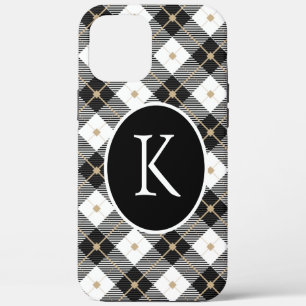 Personalised Monogrammed Black White Gold Plaid iPhone 12 Pro Max Case