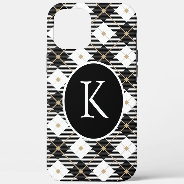 Personalised Monogrammed Black White Gold Plaid Case-Mate iPhone Case (Back)