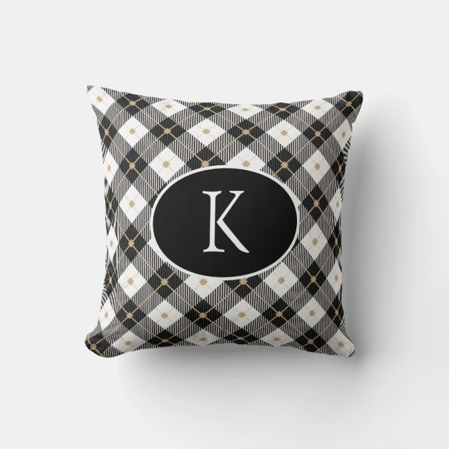 Personalised Monogrammed Black White Gold Plaid Cushion (Front)